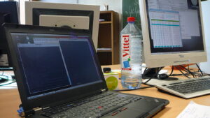 Office workstation with laptop and monitor
