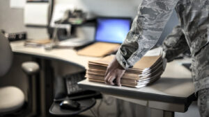 Stack of documents in an office