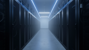 Modern server room corridor with blue LED lighting, representing production-grade AI agent infrastructure