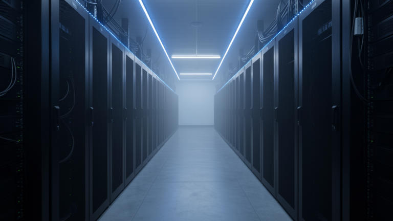 Modern server room corridor with blue LED lighting, representing production-grade AI agent infrastructure