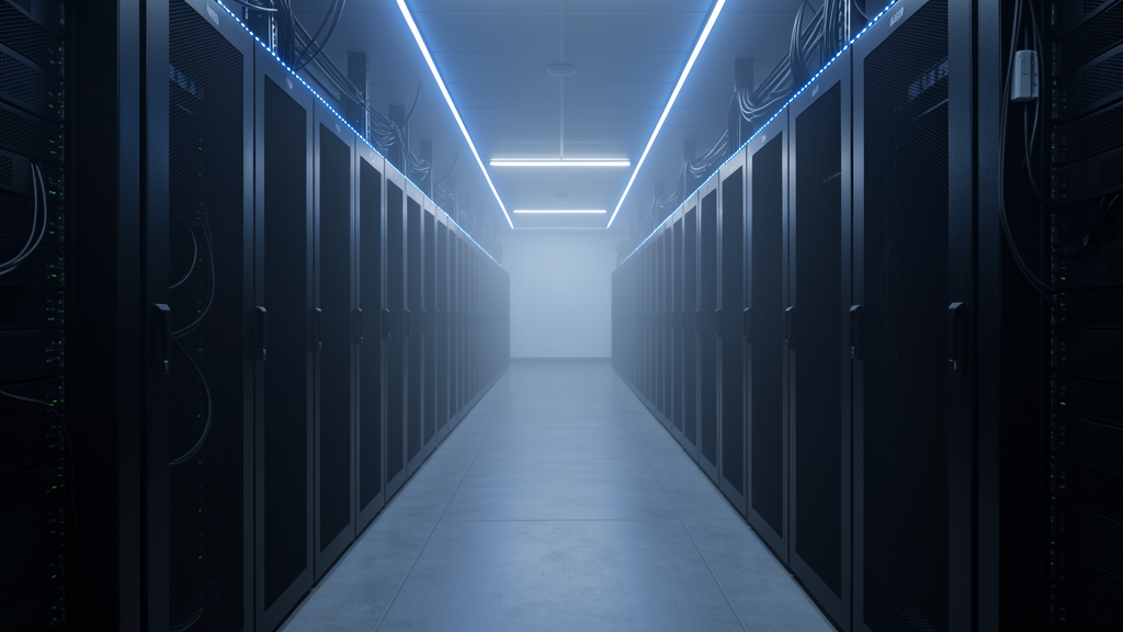 Modern server room corridor with blue LED lighting, representing production-grade AI agent infrastructure
