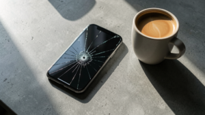 Cracked smartphone screen on polished concrete desk next to a coffee cup, representing AI agent failure in real business tasks