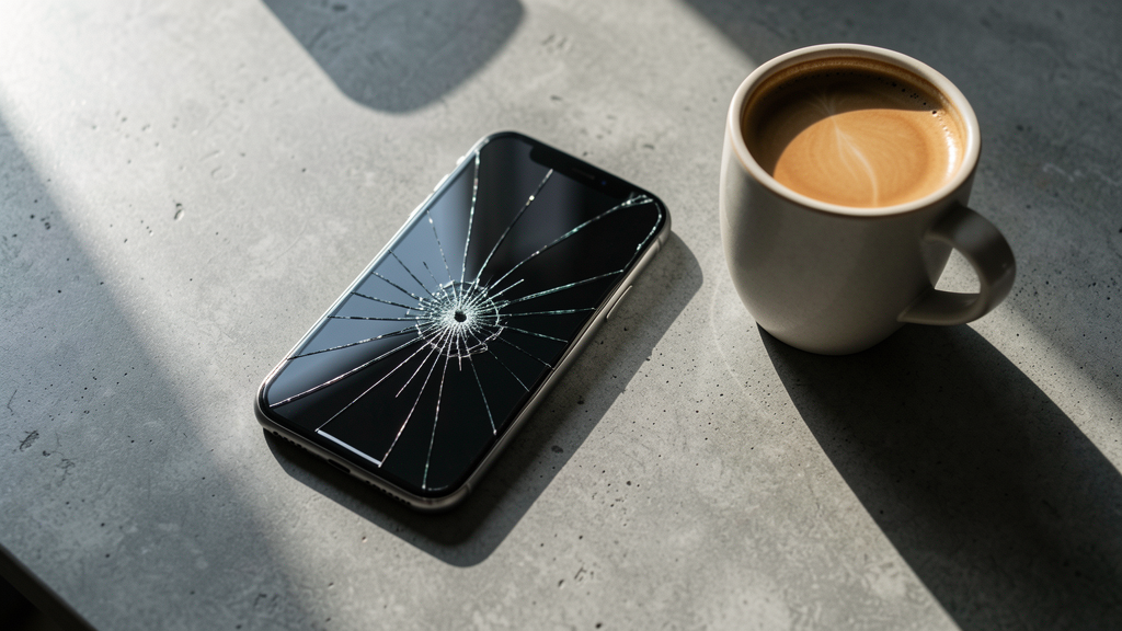 Cracked smartphone screen on polished concrete desk next to a coffee cup, representing AI agent failure in real business tasks