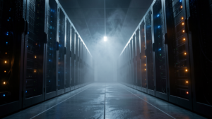 Moody data centre server room with blue LED lighting and atmospheric haze