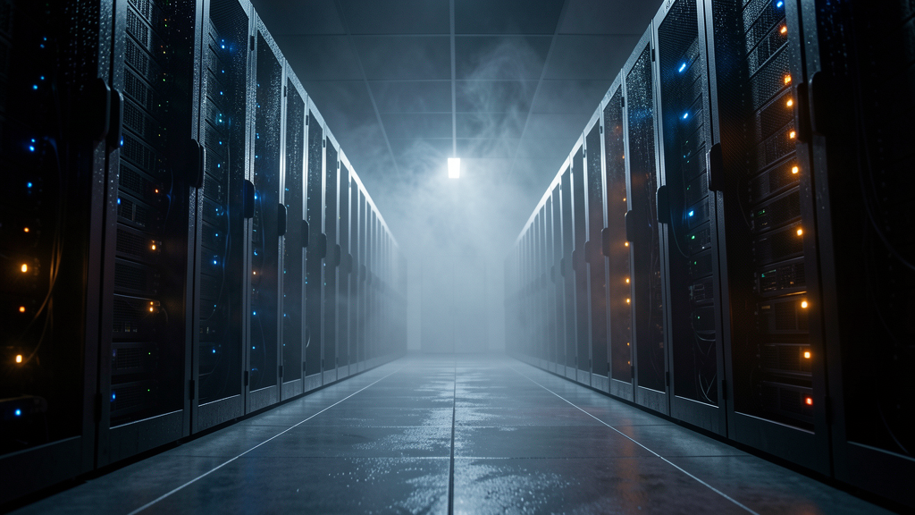 Moody data centre server room with blue LED lighting and atmospheric haze