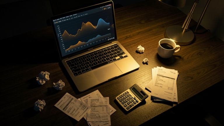 Moody office desk at night with scattered invoices, receipts, calculator and laptop showing faint data visualisations under warm amber lamp light