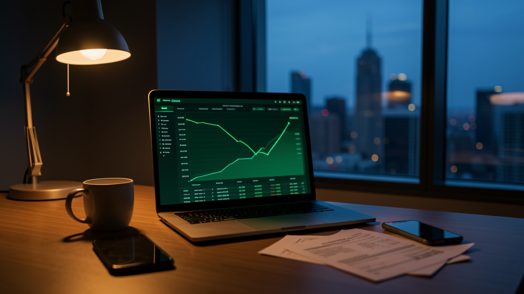 Moody office desk at dusk with laptop showing cost trend data, warm amber lamp light and cool blue city twilight through window