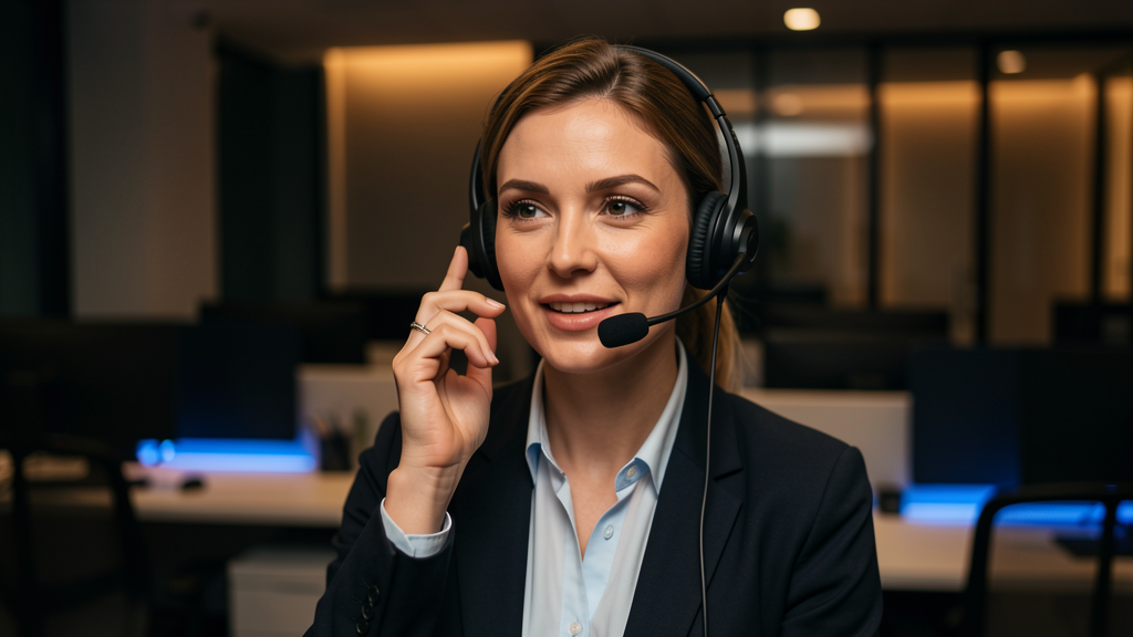 Professional call centre operator wearing a headset in a modern dimly lit office with blue accent lighting