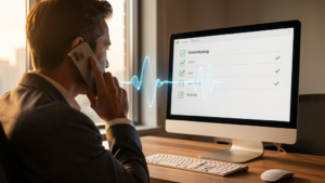 Person speaking into phone with holographic voice waveform and checklist on monitor in modern office
