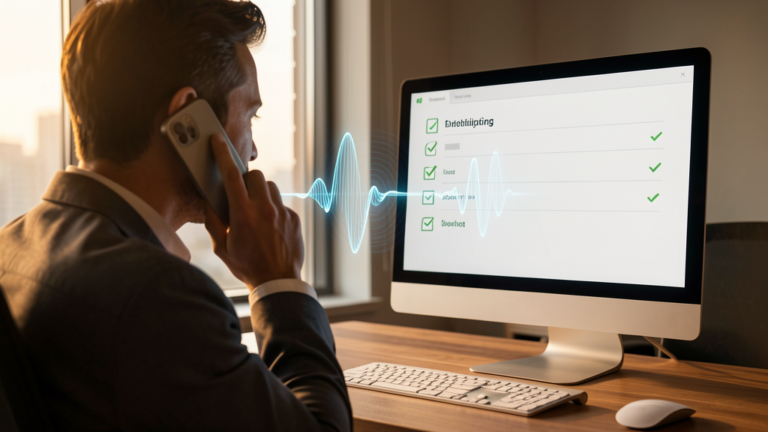 Person speaking into phone with holographic voice waveform and checklist on monitor in modern office