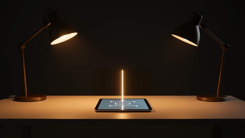 Glowing light stream flowing from tablet into workflow diagram on modern office desk