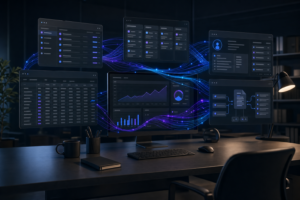 Modern operations desk with floating dashboards representing an AI agent running business systems
