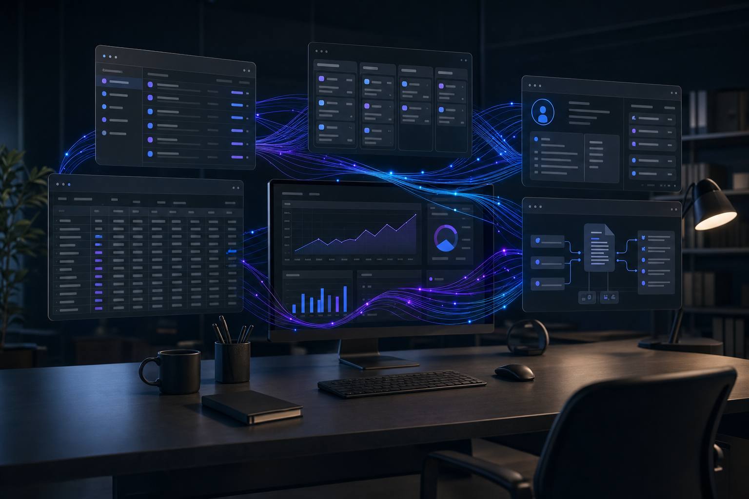 Modern operations desk with floating dashboards representing an AI agent running business systems